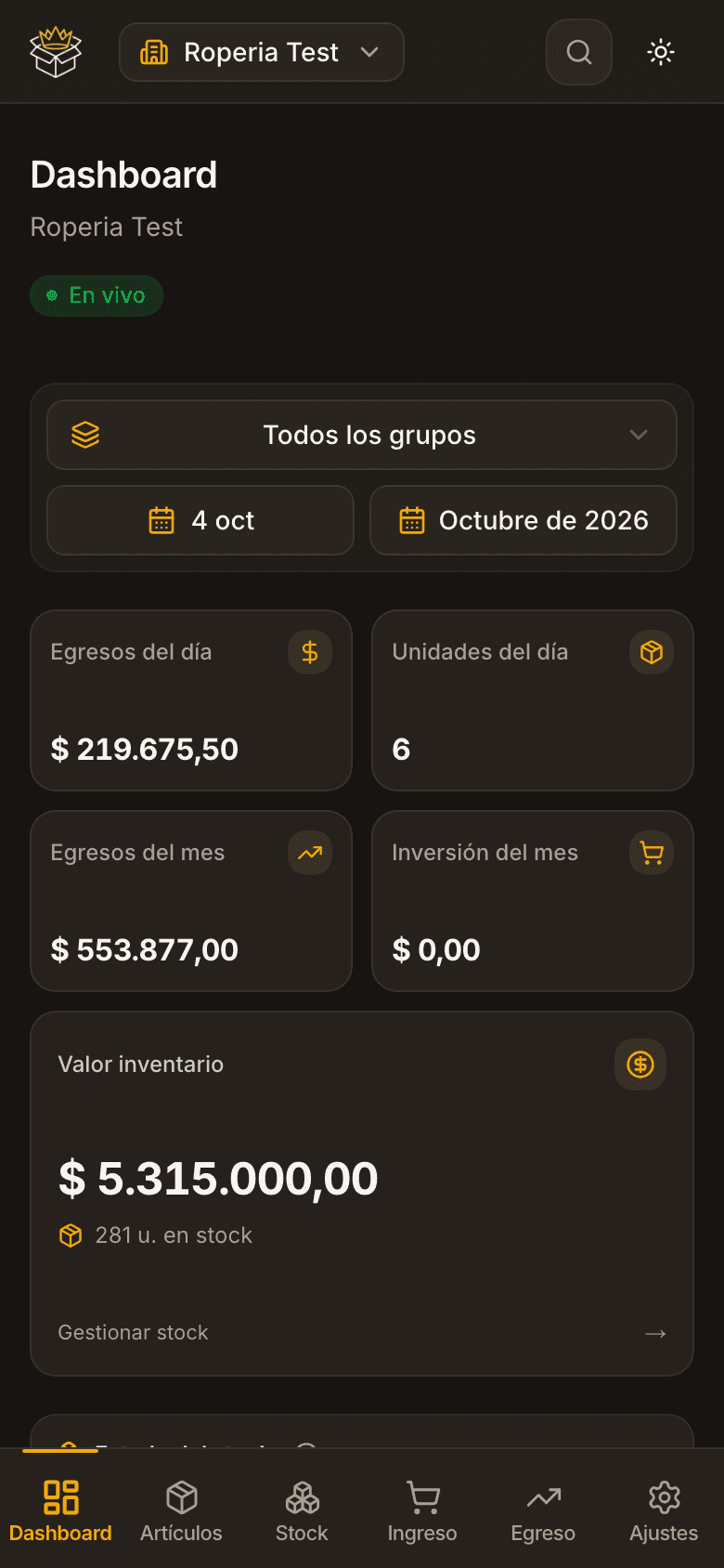 Dashboard en vivo de StockKing en celular